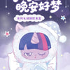 A plush figure of a pony with a festive hat and star design, packaged as a blind box collectible.