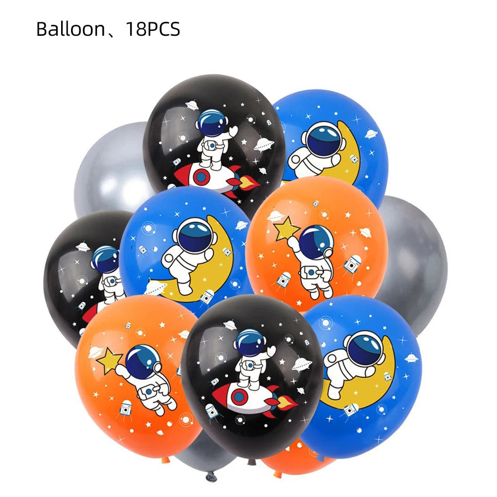 A collection of 18 balloons featuring outer space astronaut designs in black, silver, yellow, and blue.
