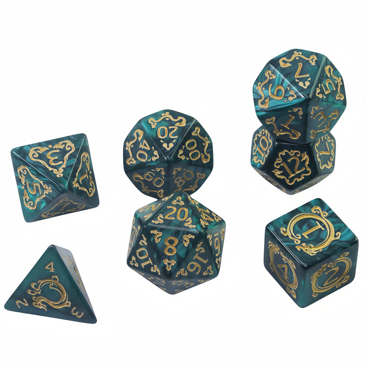 A set of six dragon-inspired polyhedral dice in teal and gold colors.