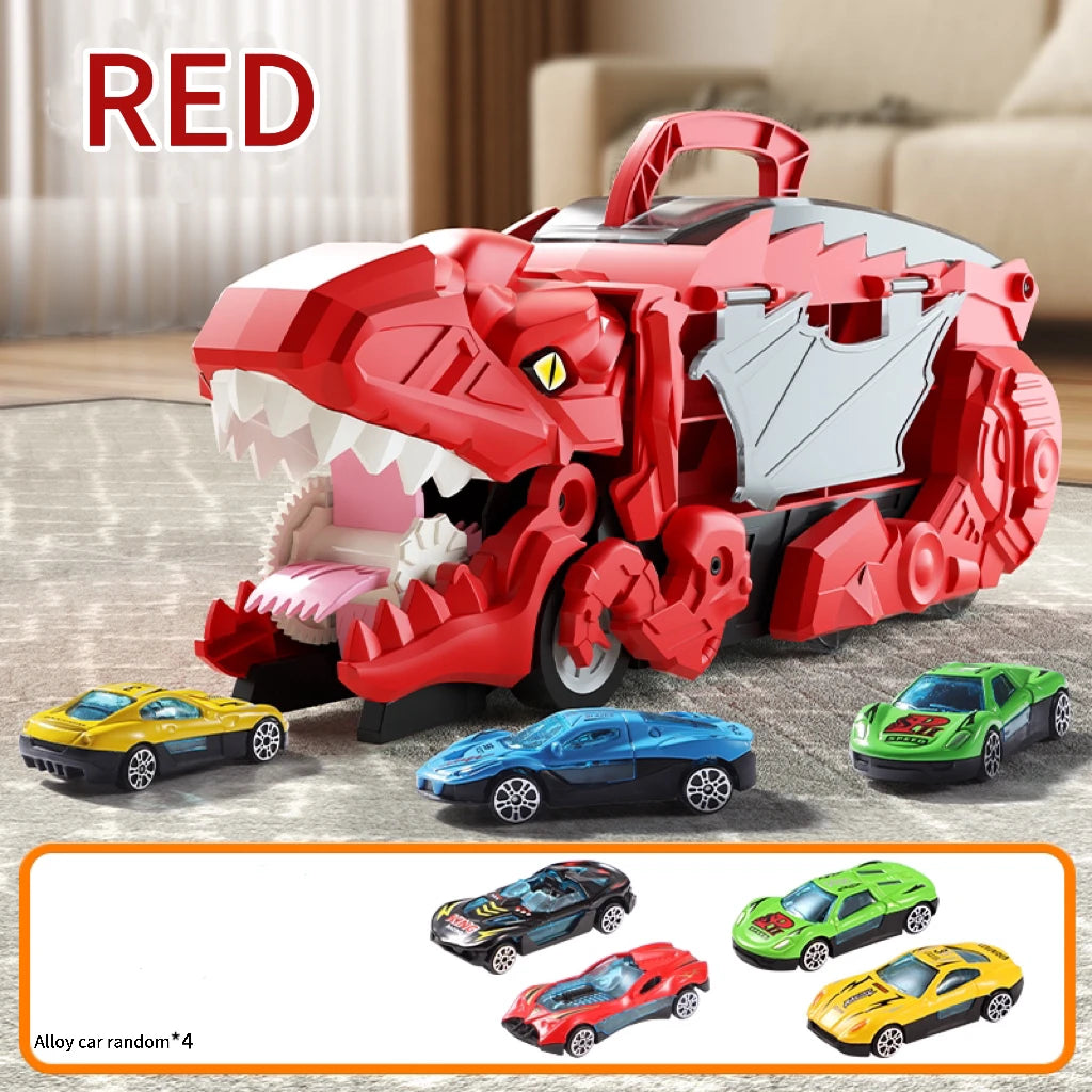 Red dinosaur car-eating toy with storage and folding ramp alongside various alloy cars