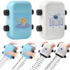 A light blue and white 2-in-1 math roller stamp for addition and subtraction practice shown in various forms.