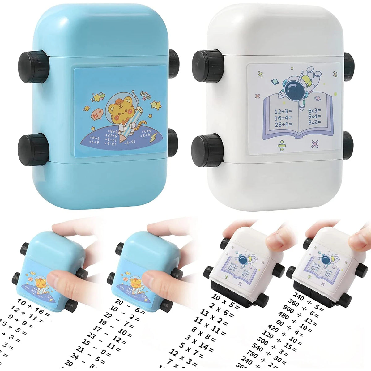 A light blue and white 2-in-1 math roller stamp for addition and subtraction practice shown in various forms.