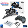 A foam remote control aircraft glider drone with black and blue components and an L101 transmitter.