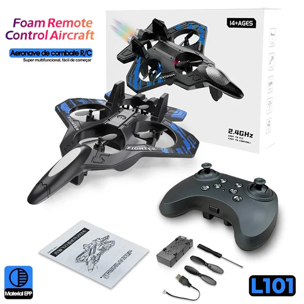 A foam remote control aircraft glider drone with black and blue components and an L101 transmitter.