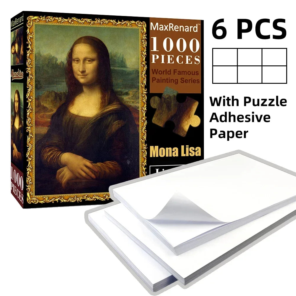 A box of a 1000-piece Mona Lisa jigsaw puzzle with adhesive paper sheets and stacked puzzle pieces.