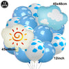 A bunch of light blue and white foil balloons shaped like clouds and a plane for birthday party decor