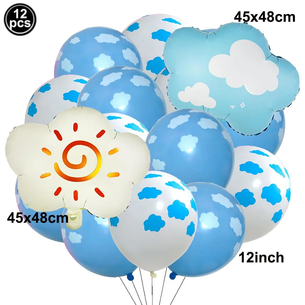 A bunch of light blue and white foil balloons shaped like clouds and a plane for birthday party decor