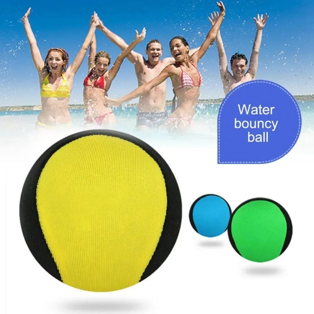 A yellow water bouncy ball is shown next to two blue and green balls, with people jumping in the water in the background.
