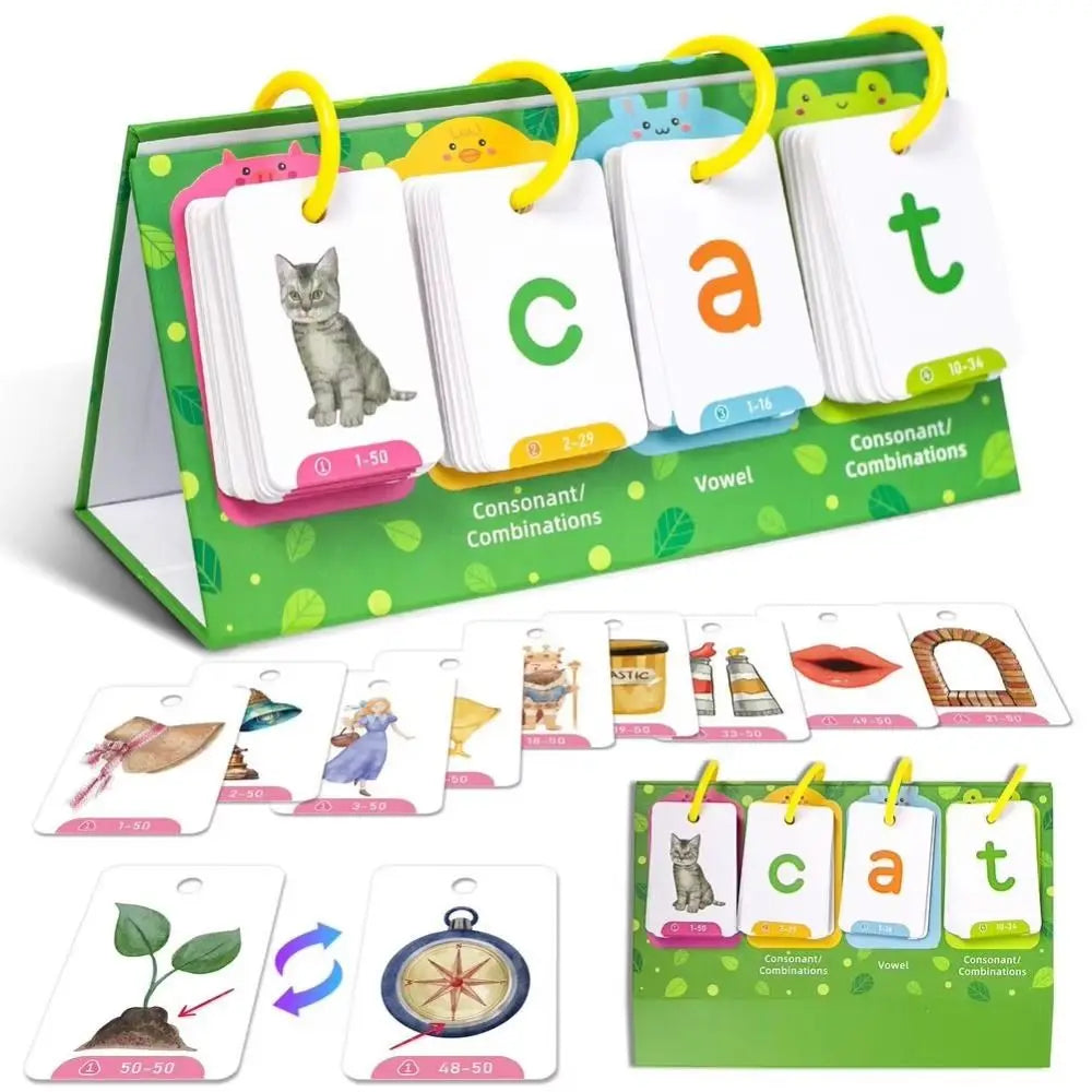 A green and yellow picture recognition word builder game featuring cards for consonants and vowels.