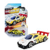 A yellow and black pull-back racing car model with a red bar, packaged for color change.