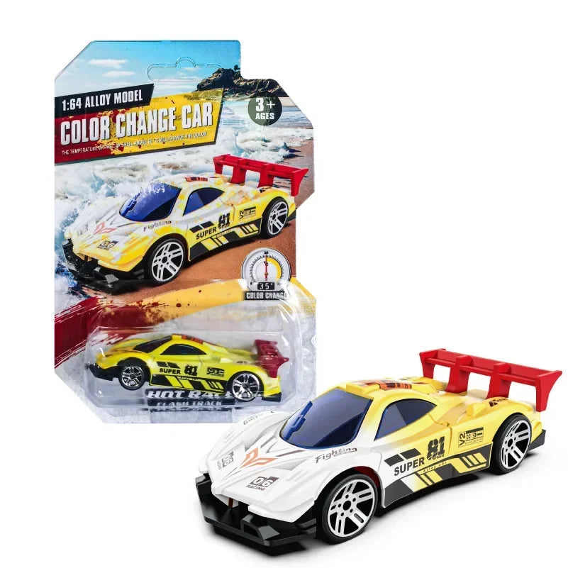 A yellow and black pull-back racing car model with a red bar, packaged for color change.