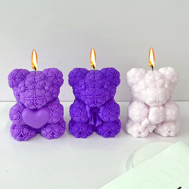 3D Rose Love Bear Silicone Mold for Candles, Soap, and Resin Crafts