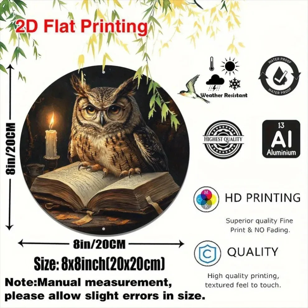 A round wall sign featuring a rustic aluminum owl perched on an open book, designed for 2D flat printing.