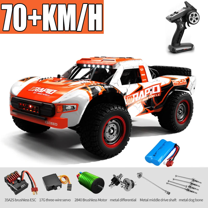 An orange and white high-speed 4WD brushless RC monster truck with a remote control visible.