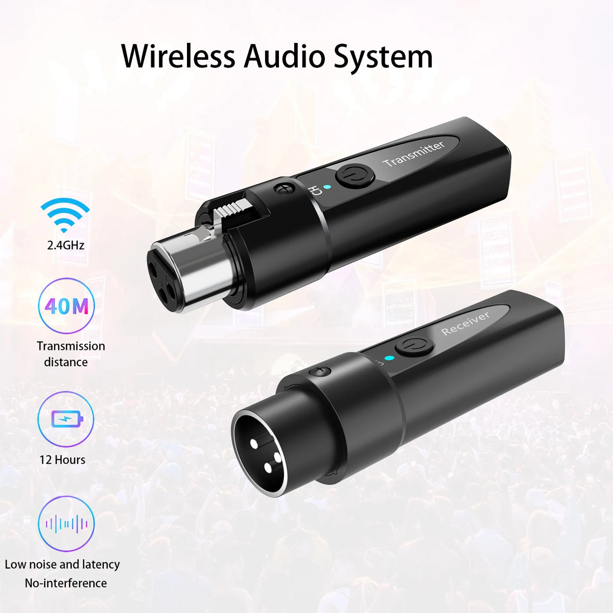A black wireless audio system showing a transmitter and receiver units with specifications for 2.4GHz transmission, 40m dista