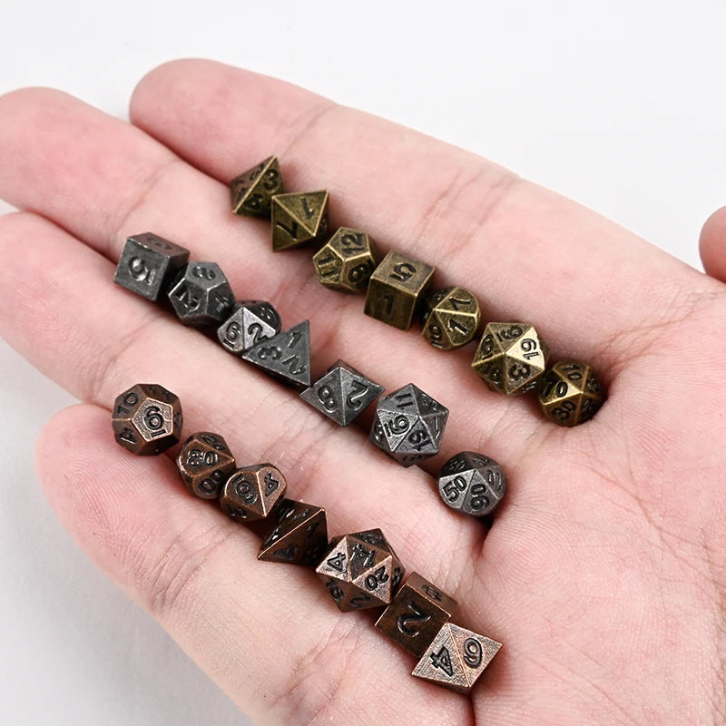 Vintage Metal Polyhedral Dice Set with Pocket Watch Case