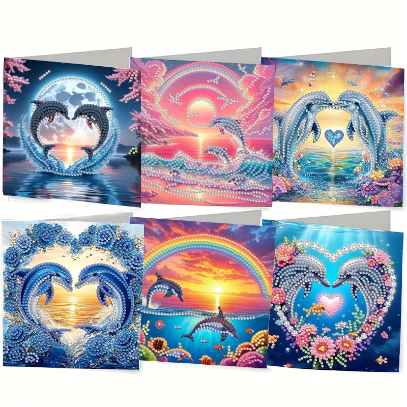A set of diamond painting birthday cards featuring iridescent sea creatures and floral designs.