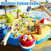 A magnetic fishing game set featuring various plastic fish and accessories on a yellow board.