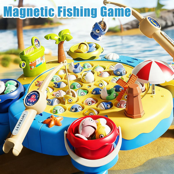 A magnetic fishing game set featuring various plastic fish and accessories on a yellow board.