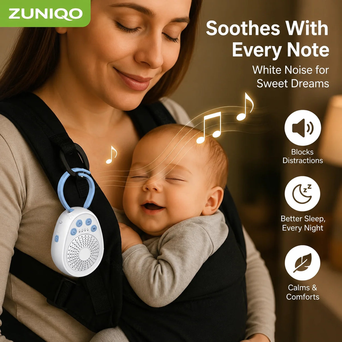 A woman holds a baby while using a portable white noise machine for soothing sounds.