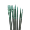 A set of six tapered nylon brushes for watercolor and acrylic painting, shown vertically.