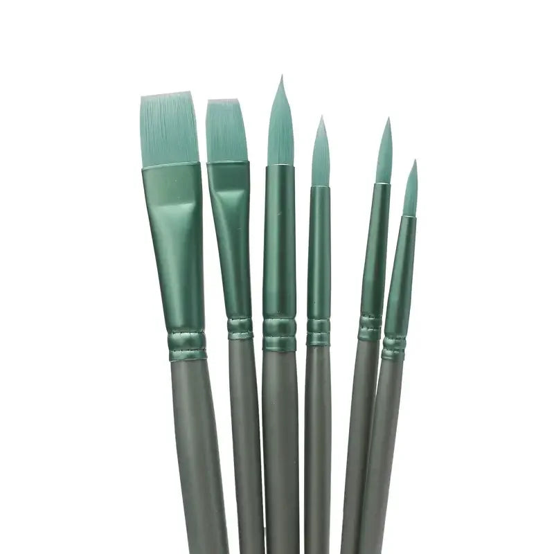 A set of six tapered nylon brushes for watercolor and acrylic painting, shown vertically.