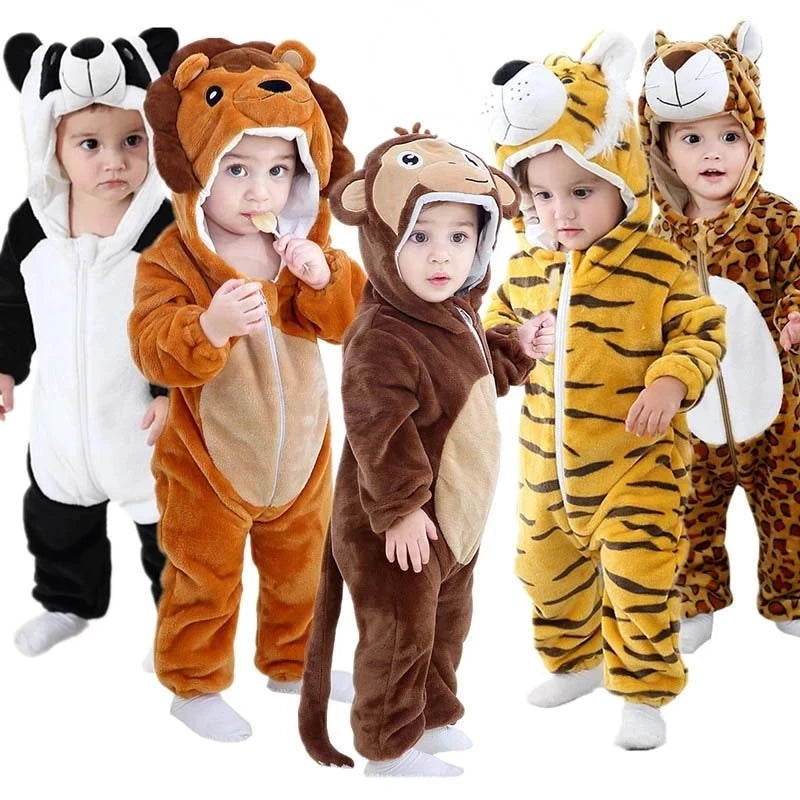 Four babies wearing adorable animal hooded rompers in various colors and patterns.