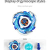 Display of an alloy combat gyro, featuring a blue and silver spinning top with an orange and black dragon design.