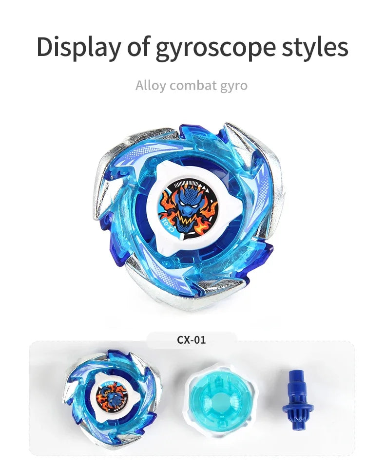 Display of an alloy combat gyro, featuring a blue and silver spinning top with an orange and black dragon design.