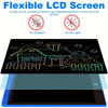A flexible LCD screen drawing tablet for kids showing a line art house and trees on a dark background.