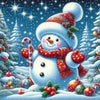 A festive 5D diamond painting kit featuring a smiling snowman wearing a red scarf and surrounded by Christmas greenery.