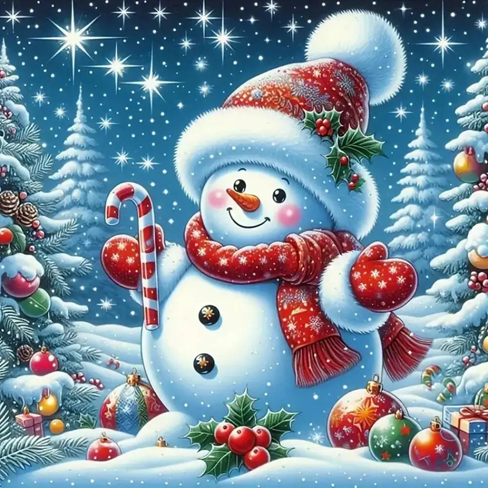 A festive 5D diamond painting kit featuring a smiling snowman wearing a red scarf and surrounded by Christmas greenery.