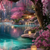 A vibrant landscape diamond painting kit featuring pink blossoms, a wooden pavilion, and flowing water.