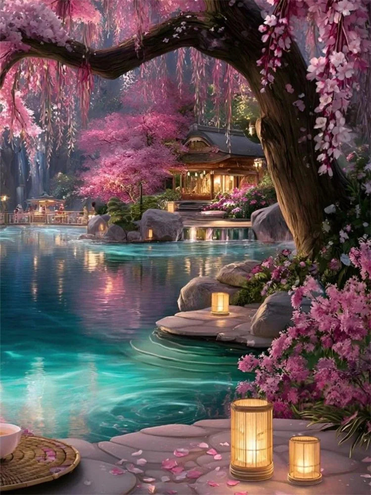 A vibrant landscape diamond painting kit featuring pink blossoms, a wooden pavilion, and flowing water.