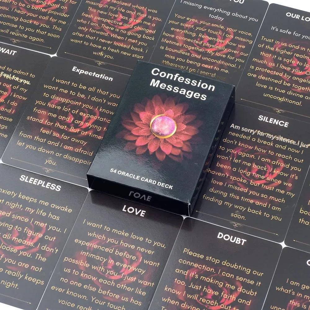 A black oracle deck featuring cards with messages about love, confession, silence, and doubt.