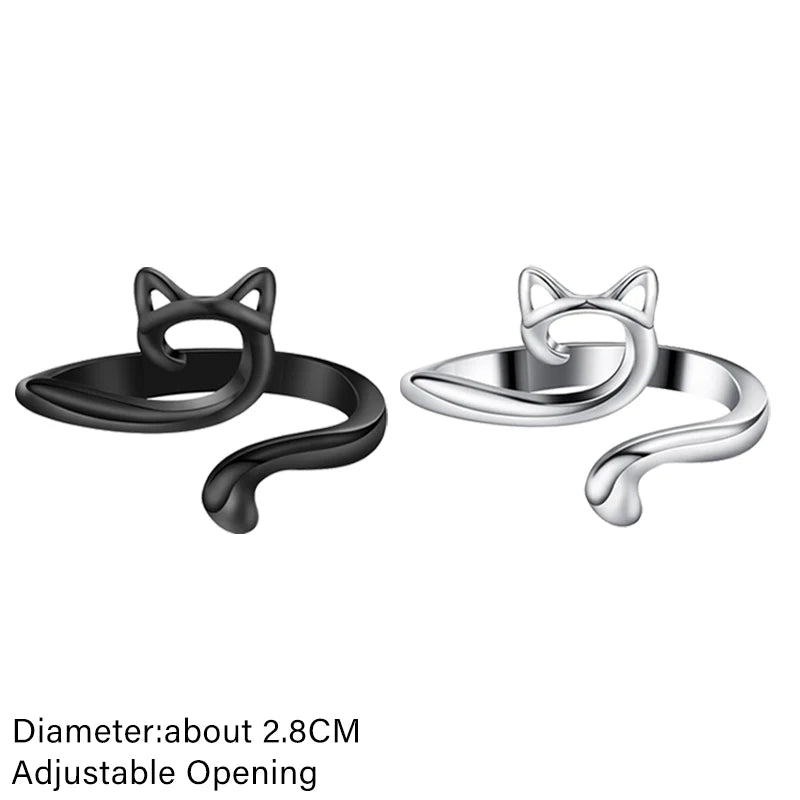 Silver and black adjustable cat-ear crochet rings shown from the side.