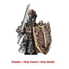 A metal figurine of a Paladin holding a holy sword and shield.