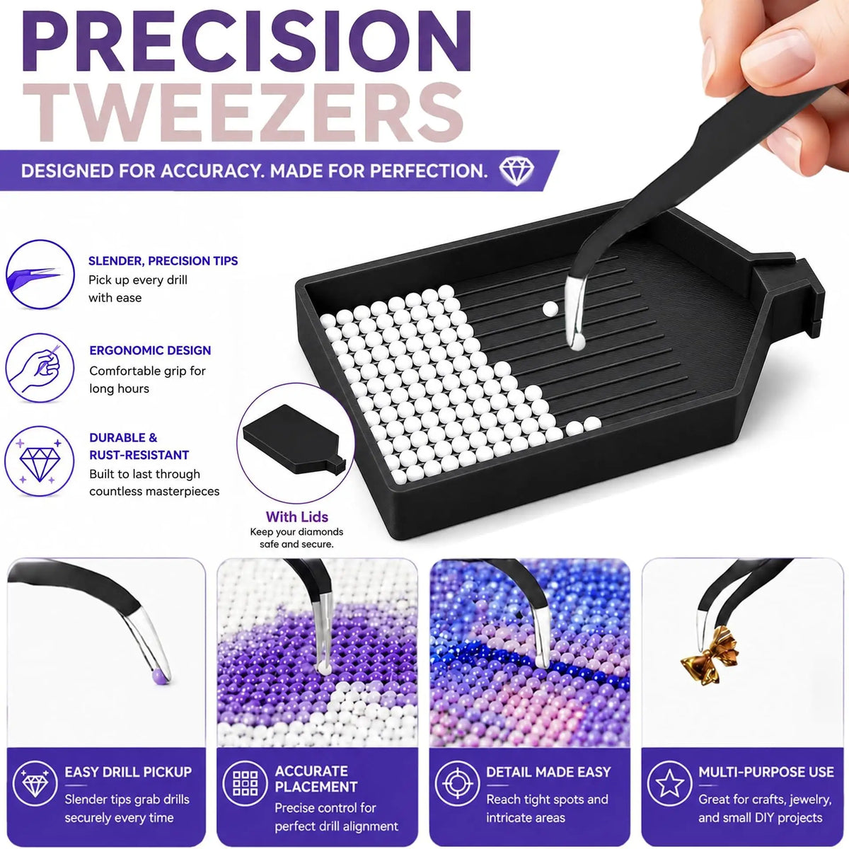 Precision tweezers tool kit with diamond painting tips and accessories shown in a black tray