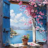 A painting of a vibrant blue window frame with pink blossoms overlooking a scenic water view.