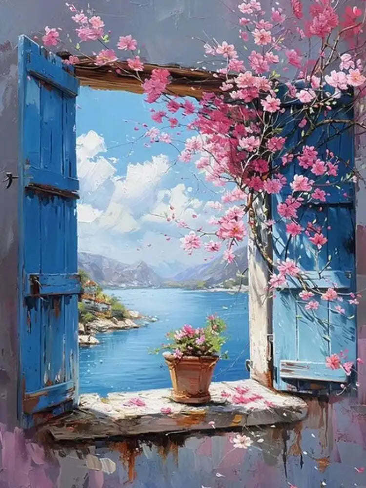 A painting of a vibrant blue window frame with pink blossoms overlooking a scenic water view.