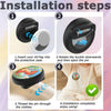 Installation steps showing how to insert an AirTag into a protective case and thread the pin through clothes.