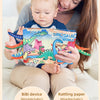 A woman is reading a dinosaur book to a baby, demonstrating the use of rattling paper for sensory stimulation.