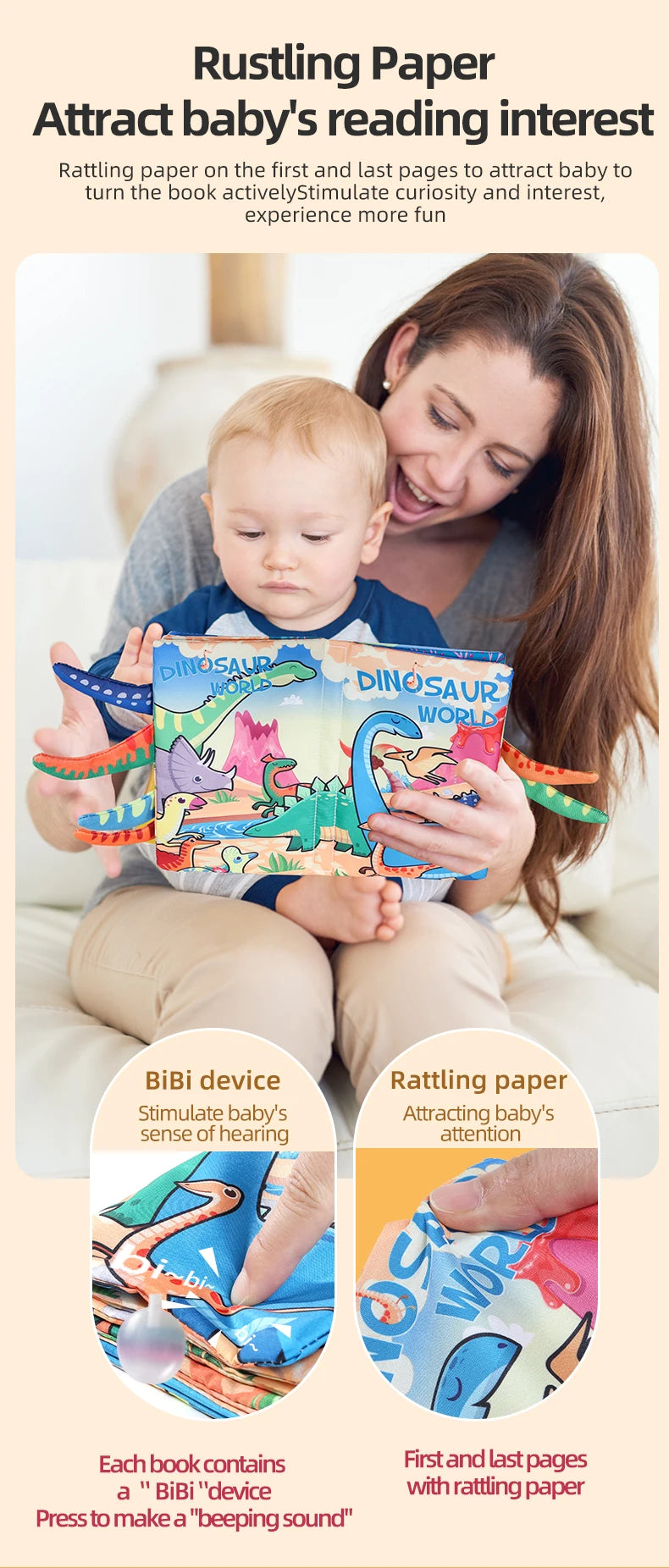 A woman is reading a dinosaur book to a baby, demonstrating the use of rattling paper for sensory stimulation.