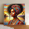 An elegant female portrait painting featuring a woman with curly hair wearing a colorful turban and gold jewelry.