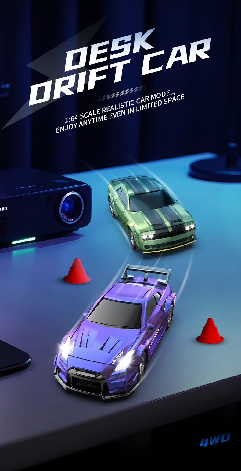 A purple mini 4WD stunt car is displayed on a table next to an electronic device and a red cone.