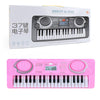 A pink 37-key electronic musical keyboard with a microphone is shown in a box and as a standalone product.