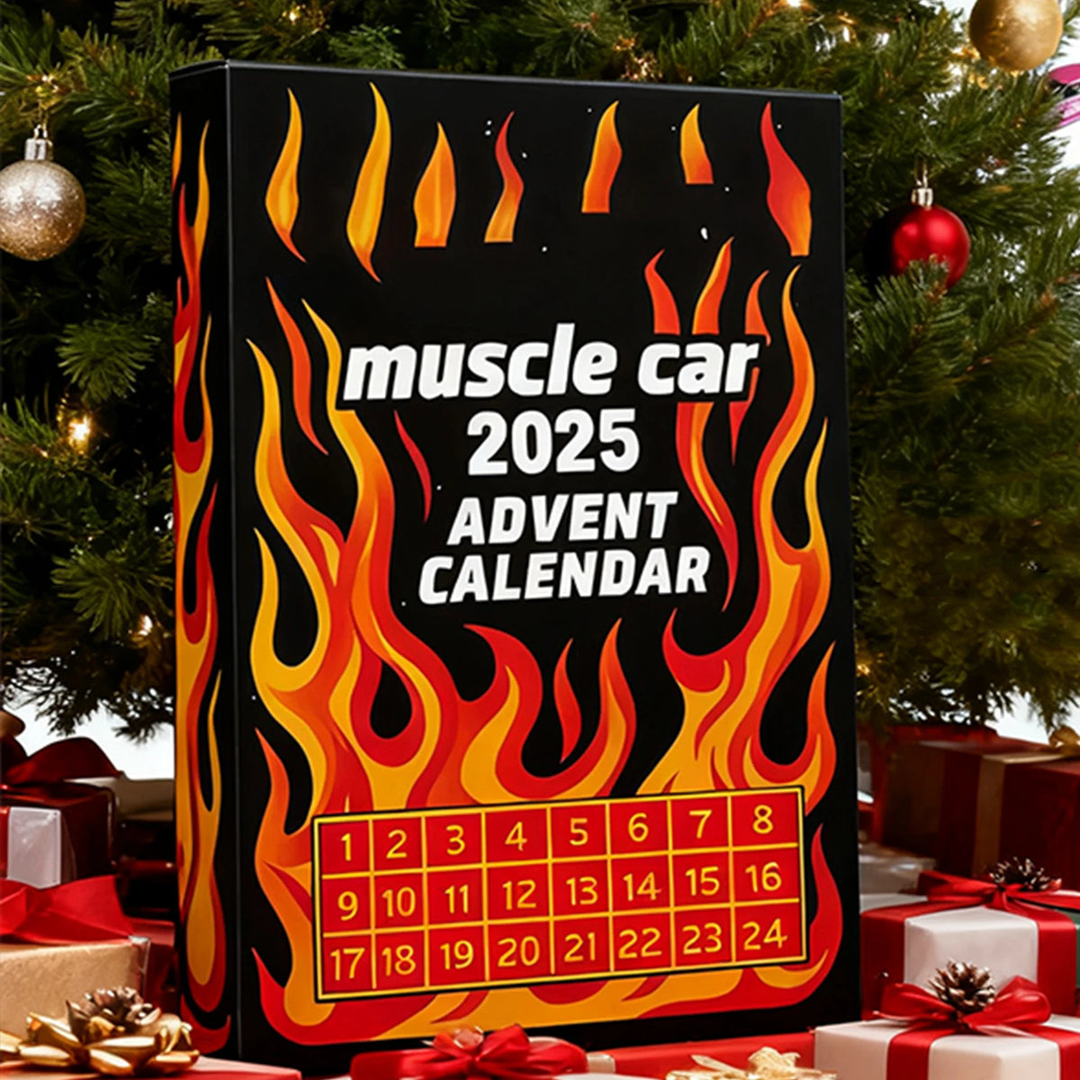 A black box featuring a fiery design for the Muscle Car 2025 Advent Calendar with toy vehicles, set against a Christmas tree 