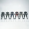 A line of nine assembled FENRIR A6 Assault Type modular mecha model kits in various dark and colored finishes.