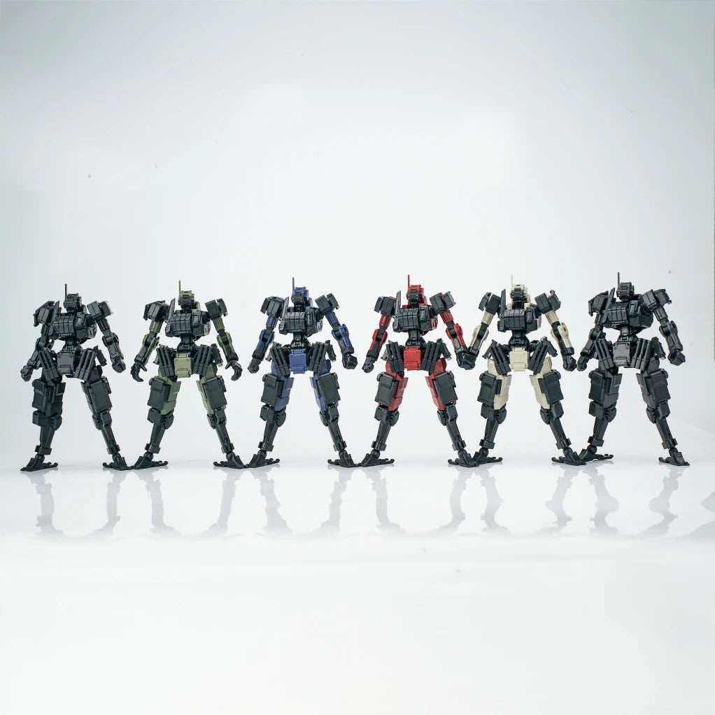 A line of nine assembled FENRIR A6 Assault Type modular mecha model kits in various dark and colored finishes.