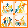 Four sets of wooden balance stacking blocks for kids showing various colors and shapes stacked in groups.